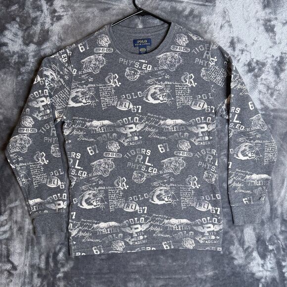 Polo Ralph Lauren Long Sleeve Sleepwear All Over Print R.L 67 Crewneck Medium - Picture 1 of 7